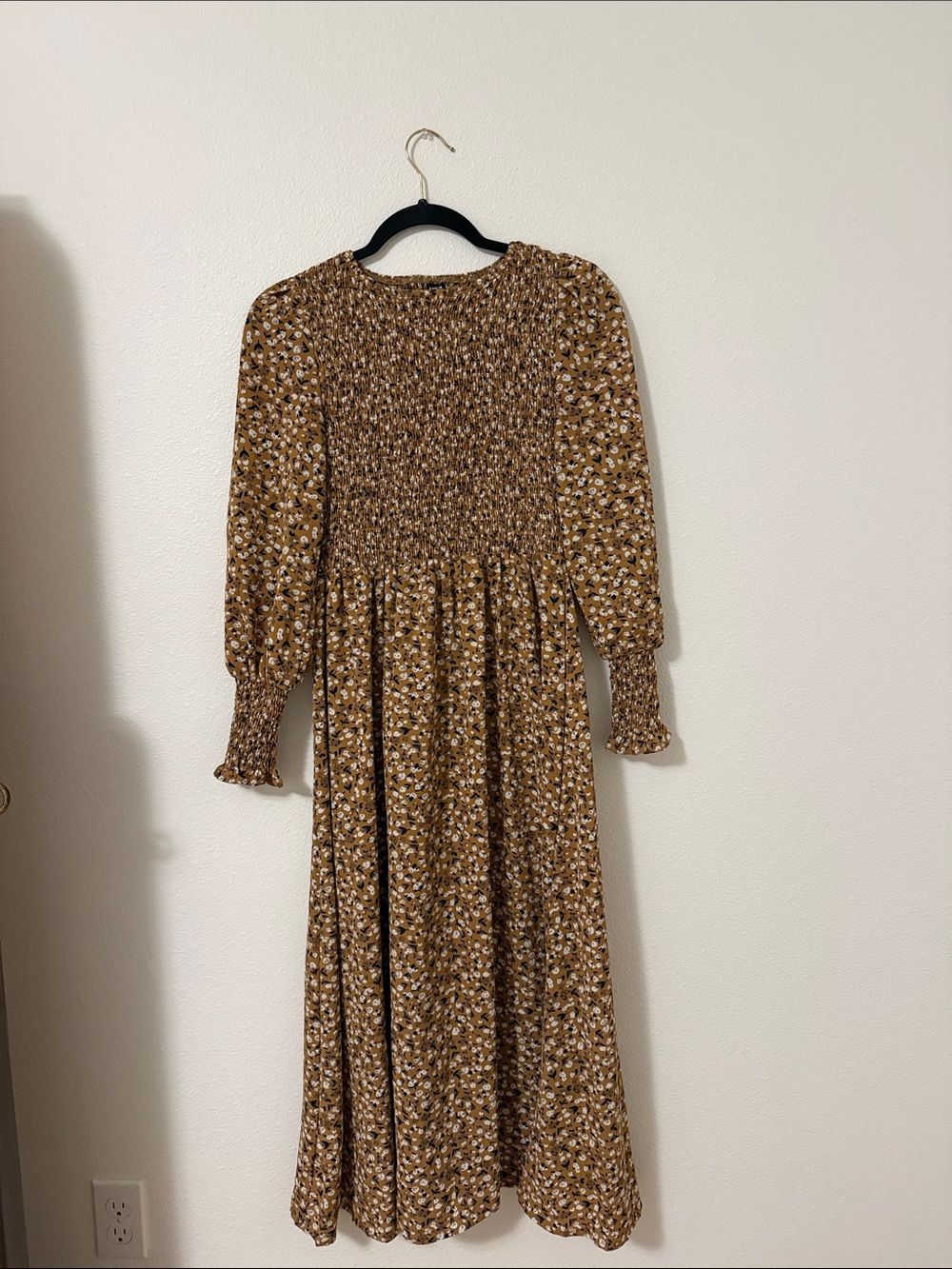 Brown Floral Smocked Long Sleeve Midi Dress